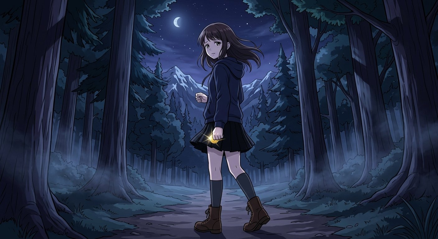 Refined result: an anime-style girl holding a glowing coin on a misty forest path beneath a crescent moon, with mountains in the distance.