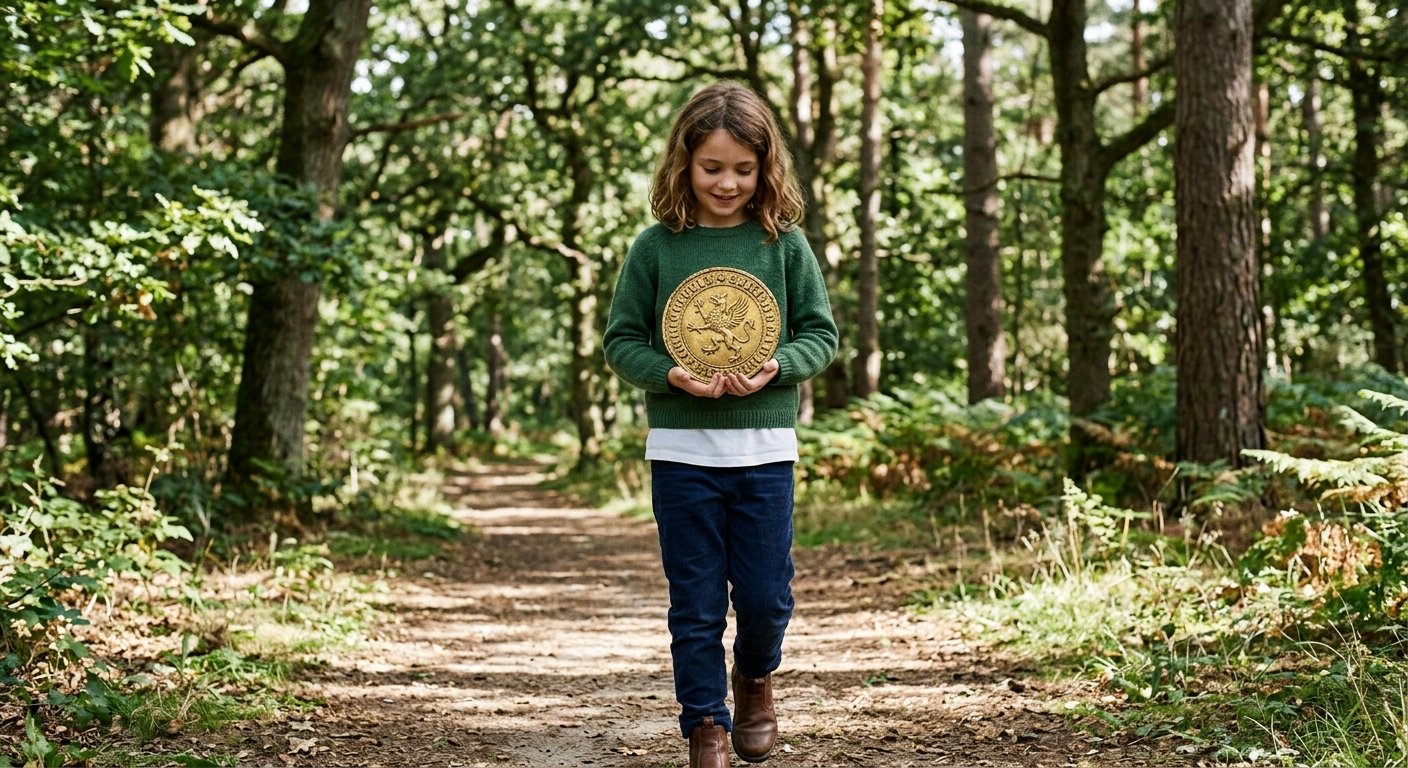 Initial result: a child in a green sweater holding a large gold coin on a sunlit forest path, rendered in a photographic style.